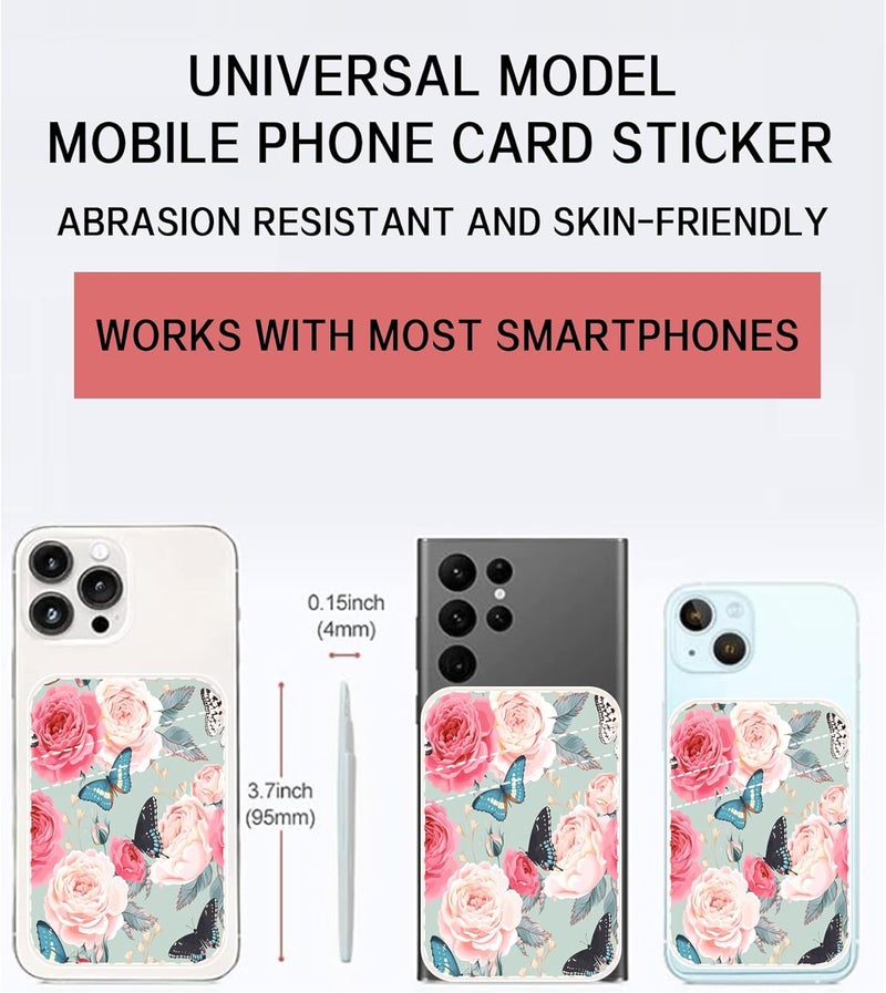 AOHRO Dual Pocket Leather Phone Wallet Adhesive Stick On, Cute Card Holder for Credit Cards, Compatible with Most Phones - Cute Rose Butterfly - Image 2